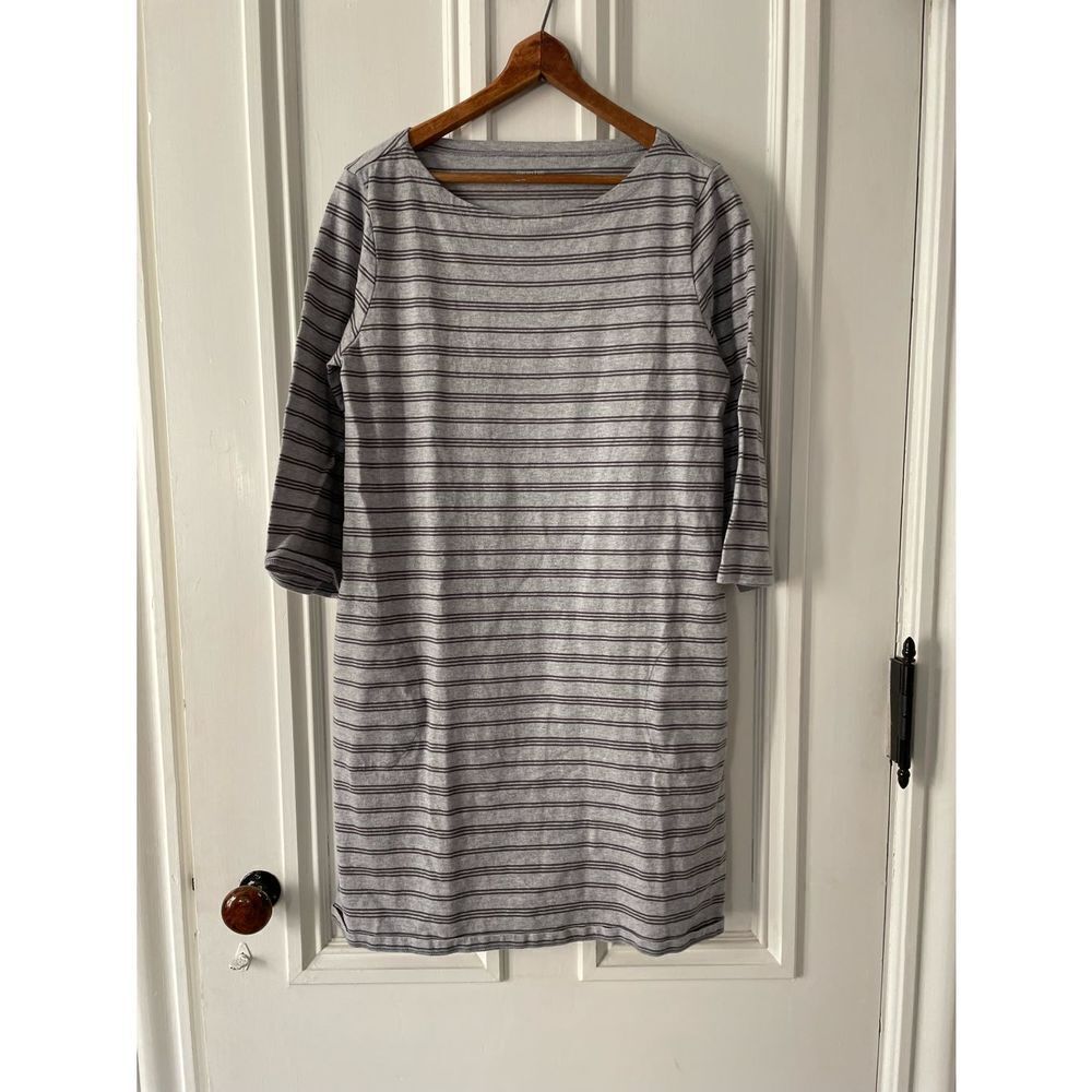 Garnet Hill gray with dark gray stripe organic pima cotton long sleeve dress M